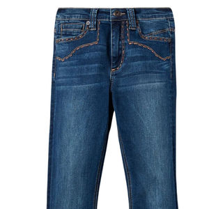 Jeans de Tiro Alto con Corte de Campana, Mezclilla Elástica Azul, Corte Ajustado, Bolsillos Delanteros de Parche, Jeans Modernos para Mujer, Lavado Vintage - Product Image 2