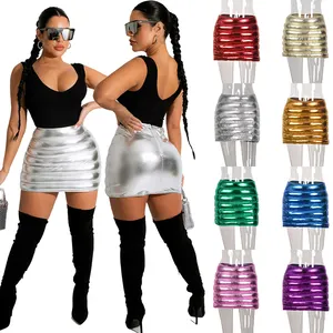 2022 नई डिजाइन चांदी धातु चमकदार Puffer स्कर्ट उच्च कमर लघु बुलबुला Pleated स्कर्ट मिनी क्लब कपड़े सेक्सी