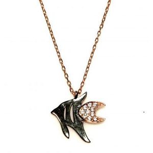 Colgante de Plata de Ley 925 con Forma de Pez, con Piedras Rosas, Negras y Blancas, con Circonita, Diamante, Perla y Oro Rosa, Diseño Moderno para Mujer - Product Image 1