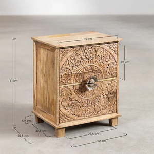 Table d'appoint Wilona en bois d'acajou de haute qualité avec tiroirs et décorations sculptées pour chambre à coucher, finition naturelle - Product Image 6