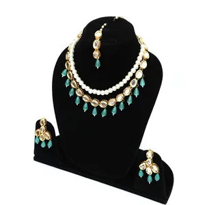 Ensemble de bijoux fins plaqués or 24 carats Kundan, collier vert clair avec pierre Monalisa pour cadeau - Product Image 2