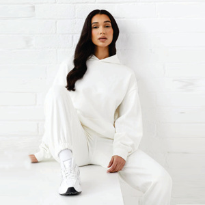 100% algodón Drop Shoulder Relaxed Fit capucha de dos piezas establecido relajado marfil mujeres chándal - Product Image 3