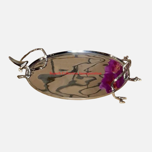 Plateau en métal argenté de qualité supérieure, design élégant de grande taille avec poignées dorées ornées pour plateau de service alimentaire, hôtels et restaurants - Product Image 5