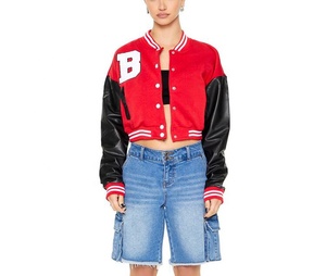 Veste universitaire en laine recadrée personnalisée de haute qualité pour femmes en cuir véritable Logo personnalisé grande taille doublure en lin d'hiver respirant - Product Image 3