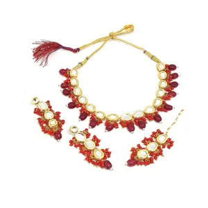 Ensemble de collier Kundan avec perles rouges, bijoux de mariée de luxe plaqués or 24 carats pour mariage - Product Image 5