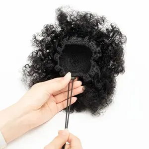 Durable Afro Puff Chignon Cordon Queue de Cheval Auto-Adhésif Extension de Cheveux Synthétiques Fluffy Kinky Curly Kid Hair Accessoire <span class=keywords><strong>4</strong></span> - Product Image 5