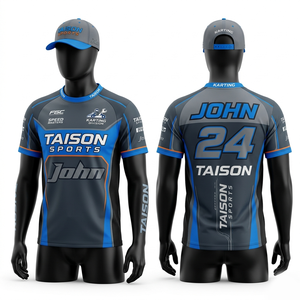 เสื้อแข่งคาร์ทติ้งพรีเมียม 180 GSM โพลีเอสเตอร์ สีน้ำเงิน-ดำ-เหลือง ดีไซน์ลายแผง ผ้าระบายอากาศ พิมพ์โลโก้ด้วยเทคนิค Sublimation สำหรับชุดแข่งรถ - Product Image 3