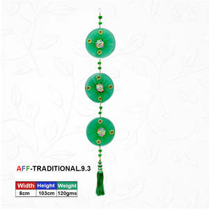 Artificial Cotton Traditional Triple Disc Wall Hanging Tassel Mirror Work UV Printed Green Design for Chinese New Year Indoor - Product Image 1