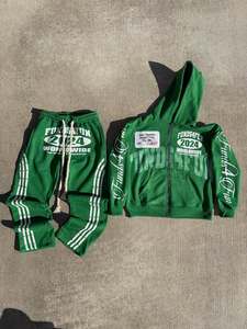 Ensemble survêtement vintage en molleton français surdimensionné personnalisé, pantalon évasé et sweat-shirt, lavage à l'acide, strass, broderie, patch, survêtement pour homme - Product Image 3