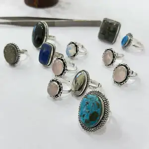 Natural Gemstone Mixed Semi Precious Stones Rings Metal Base Adjustable Gemstone Rings For Women