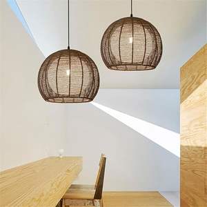 Lustre en rotin fait à la main de lumière de suspension de cage sphérique moderne avec des objets décoratifs réglables de corde de chanvre brun - Product Image 2
