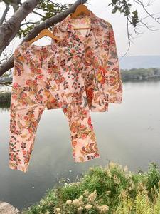 Handmade Floral Block Printed Cotton Pajama Set <b>for</b> <b>Women</b> Ethnic Casual Style 100% Indian Cotton <b>Night</b> Wear <b>Shirt</b> Pant - Product Image 6