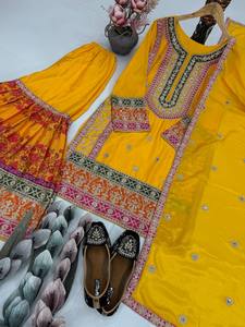 NOUVEAU DESIGNER - ENSEMBLE DE ROBE TRADITIONNELLE PAKISTANAISE LUXUEUSE (SHARARA) AVEC TOP EN SOIE CHIFFON, PANTALON PLAZZO ET DUPATTA POUR MARIAGE - Séchage rapide, toutes saisons - Product Image 6