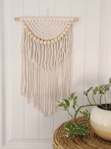 Modest White Macrame <b>Wall</b> Hanging With Wooden <b>Ball</b> Detailing For Elegant Home Decor And Minimal Home Decor Use From India - Product Image 6