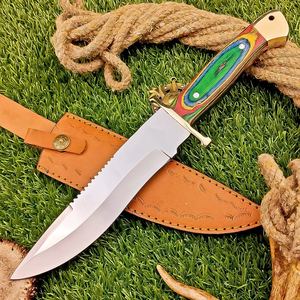 Camping Hunting Bowie <b>Knife</b> Carbon Steel Partially Serrated Edge Durable Lightweight with Multicolor Wood Handle 3 Year Warranty - Product Image 1
