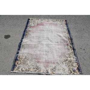 Alfombra clásica vintage de lana, diseño de retales beige y azul, hecha a mano, área grande, felpa de látex rectangular para vivir (4,7 pies X 6,1 pies) - Product Image 1