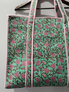 Handmade Cotton Quilted Tote <b>Bag</b> <b>Green</b> for Pink Floral Block Print Eco-Friendly Zipper Lightweight Everyday Travel Shopper - Product Image 2