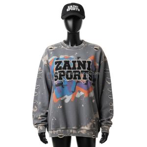 Sudadera lavada Vintage para mujer, sudadera de lana de algodón de gran tamaño, diseño de logotipo de chenilla personalizado desgastado, sudaderas transpirables para mujer - Product Image 1