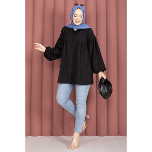 Tuniques en tricot noires à manches bouffantes et froncées pour femmes - Product Image 4