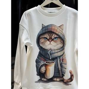 Sweat-shirt respirant à col rond avec imprimé chat, en tissu tricoté brossé 3 fils - Product Image 2