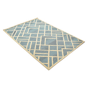 Modern <b>Abstract</b> Geometric Asymmetrical Maze Hand Tufted Woolen Carpet Linear Plaid Patchwork Blue and Beige Area <b>Rug</b> - Product Image 1