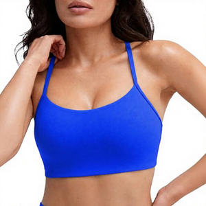 ROLEIN Women's Green Seamless Yoga Sports Bra Crew <b>Neck</b> <b>Light</b> Support Solid Color 100% Nylon Breathable Crisscross Straps Lace - Product Image 5
