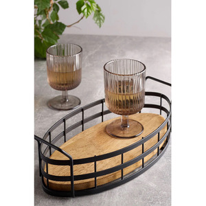 Plateau de service moderne en fil de fer en forme de bateau Plateau de service en bois fini noir Thé Café Snacks Polyvalent Utilisé Maison - Product Image 5