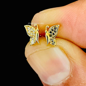 Or massif 14K diamant naturel papillon nez/oreille goujon bijoux fins. - Product Image 2