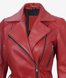 Nueva llegada de los hombres de alta calidad 100% de cuero de vaca genuino chaqueta de cuero personalizado al por mayor de las mujeres chaqueta de cuero de moto con cinturón rojo - Product Image 5