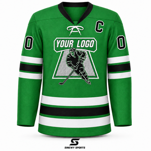 SINEWY SPORTS Men's Custom Ice Hockey Jersey Green White Black Striped Sublimated V-Neck Full Sleeve Moisture Wicking Apparel - Product Image 1