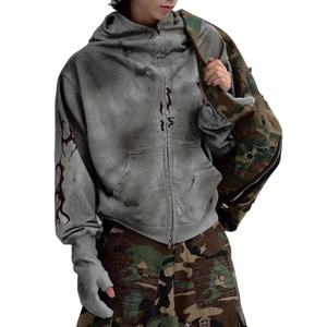 เสื้อฮู้ดแบบรูดซิปสำหรับผู้ชายผ้าฝ้ายผสมกรดรูดซิปรูดแบบเต็มตัวมีรอยซีดจางออกแบบได้ตามต้องการสำหรับ2025 - Product Image 2