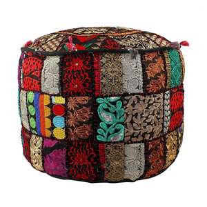 Traditional Bohemian Embroidered Foot <b>Stool</b> Vintage Patchwork Ottoman 18 X 13 Inches Fabric Bamboo for Living Decorative Use - Product Image 2