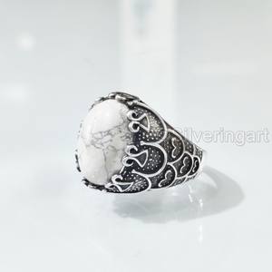 Nouvelle Arrivée Bague pour Homme en Argent Sterling 925 avec Pierre Naturelle Howlite, Toutes Tailles, Style Ottoman, Cadeau Anniversaire, Bijoux - Product Image 1