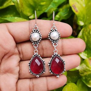 Ruby & <b>Pearl</b> Dangle <b>Earrings</b> <b>Silver</b> Plated Boho Jewelry Handmade Multi Stone <b>Earrings</b> Gift for Her Elegant Drop <b>Earrings</b> for - Product Image 5