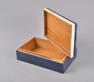 Handmade Blue Bone Inlay Jewelry Box With White Geometric <b>Lattice</b> Pattern Rectangular <b>Wooden</b> Keepsake Storage Organizer Luxury - Product Image 3