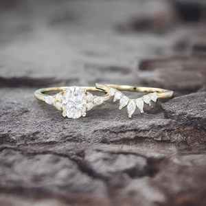 Oval Moissanite Engagement Ring Set Vintage Unique 925 Sterling Silver 14K Gold Plated Marquise Cluster Bridal Ring - Product Image 4