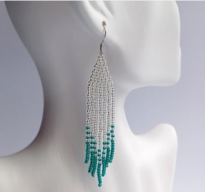 <b>Emerald</b> Statement Ombre Earrings Native Bead Elegant Gradient Earrings Dangle White Green Long Fringe Seed Bead Earrings - Product Image 2