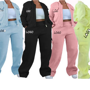 Conjunto de 2 Piezas para Mujer, Sudadera con Capucha de Felpa y Pantalones con Múltiples Bolsillos, Estilo Deportivo Casual, Traje Largo de Invierno, Personalizable, con Cremallera, a la Moda - Product Image 2