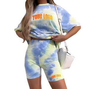 Conjunto de Dos Piezas de Ropa de Diseñador para Mujer, Camisetas con Estampado Tie Dye Personalizado y Pantalones Cortos, Logotipo Bordado Personalizado, Ropa de Estar por Casa - Product Image 3