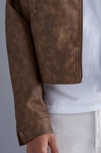 Veste d'hiver pour homme en cuir de mouton toile premium, coupe courte, col montant, fermeture éclair double curseur, épaules tombantes, modèle Plus - Product Image 4