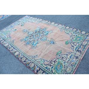 Alfombra Turca de 5.5x9.1 pies, Alfombra Vintage Grande, Alfombra de Lana Sólida Azul y Rosa - Product Image 4