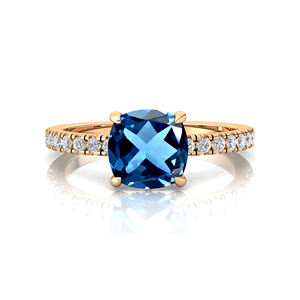 Anillos de piedra natal fina de oro rosa sólido de 18 quilates de alta calidad, Topacio Azul de Londres Natural, joyería solitaria de Halo de diamante Real al por mayor - Product Image 1