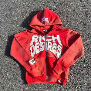 2025 nouveau Vintage Crop 100% coton lourd fermeture éclair thermique en détresse broderie Patch tailles américaines lavage à l'acide sweats à capuche pour hommes - Product Image 6