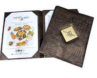Porte-menu en cuir PU A4 de haute qualité, certifié ISO, couleur personnalisée, logo plaqué or antique durable, pour restaurant, hôtel, bar, en gros