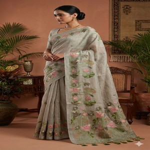 Sari VASTRA COTTAGE de Algodón Muga Suave Premium con Borde de Tejido Resham Jamdani, Borla de Loto y Borlas Decorativas, Prenda Tradicional - Product Image 1