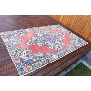4.5x7.2 ft Rug, Turkish Vintage Rug, <b>Red</b> Check <b>Wool</b> Rug - Product Image 2