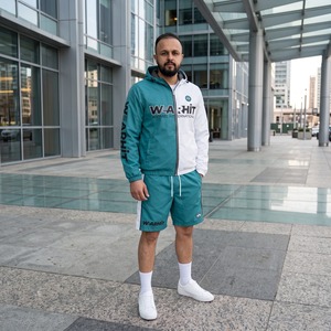Windbreaker Set <b>Men</b> Hooded Zip Up Two Tone Nylon Racing <b>Jacket</b> and Shorts <b>Reflective</b> Teal White Custom Logo OEM - Product Image 5