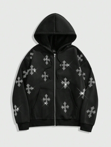 Sweat à capuche zippé personnalisé OEM pour hommes, respirant et doux de haute qualité, design strass 100% coton polaire lourd 400GSM - Product Image 6