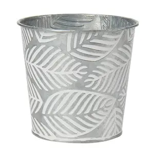 Metal Iron Decorative Flower Pot and Planter Leaf Design Embossed White Wash Galvanized Finished Decorative Planter