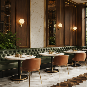 Mobilier de <span class=keywords><strong>restaurant</strong></span> parisien : Banquette capitonnée en cuir avec boutons, canapé, tables rondes en marbre et ensembles de chaises pour café - Product Image 1
